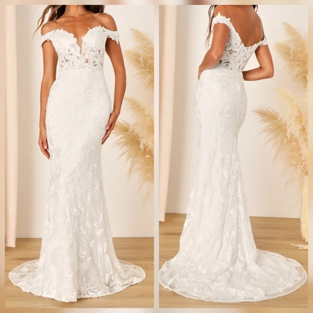 Lulus Precious Romance White Embroidered Off-the-Shoulder Maxi Wedding Dress, 10